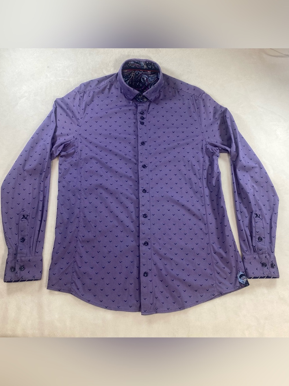 Au Noir Men Purple Micro Geometric Print Dress Shirt Size 3 Medium Paisley Trim